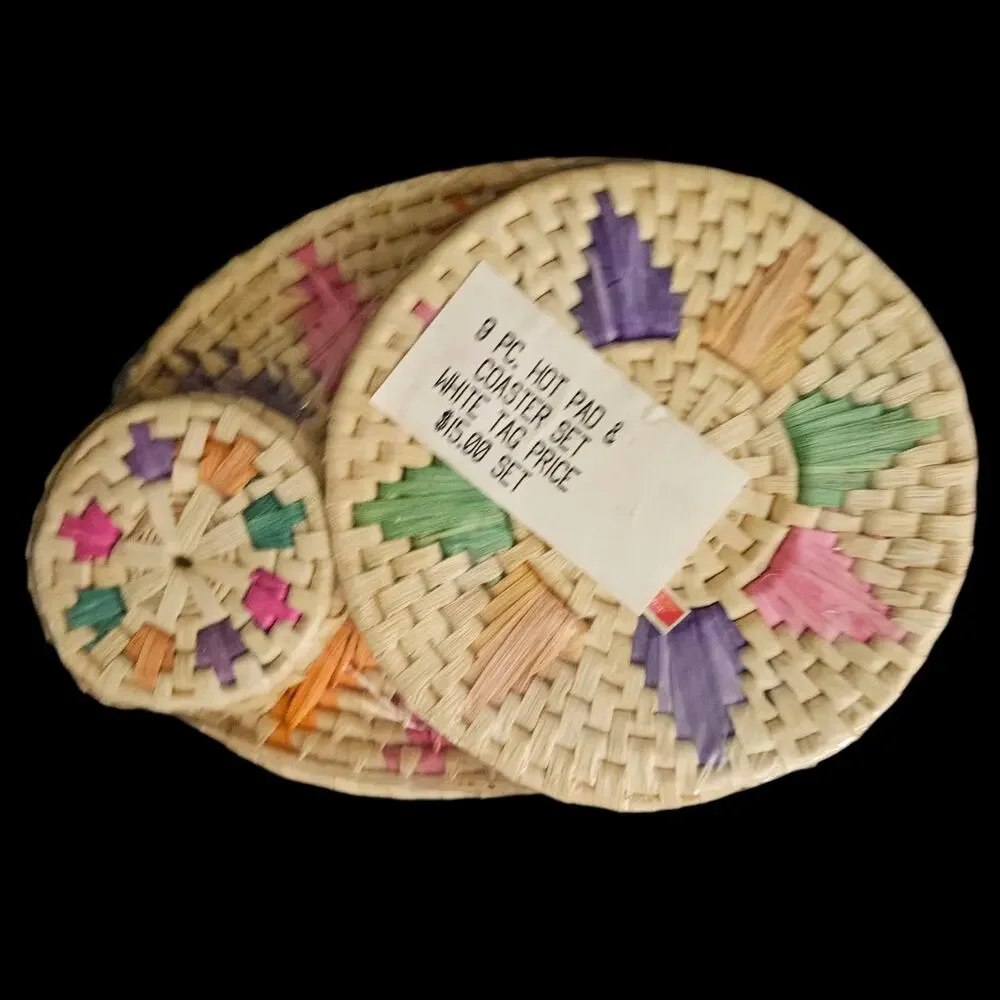 Vintage NOS Handwoven Raffia Straw Trivets Coasters Colorful Kitchen Decor